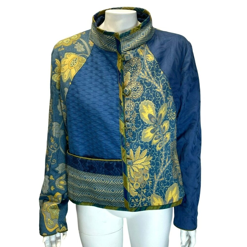 Mary Lynn O'Shea  Jacket Medium Blue Yellow Floral Tapestry Patchwork Design